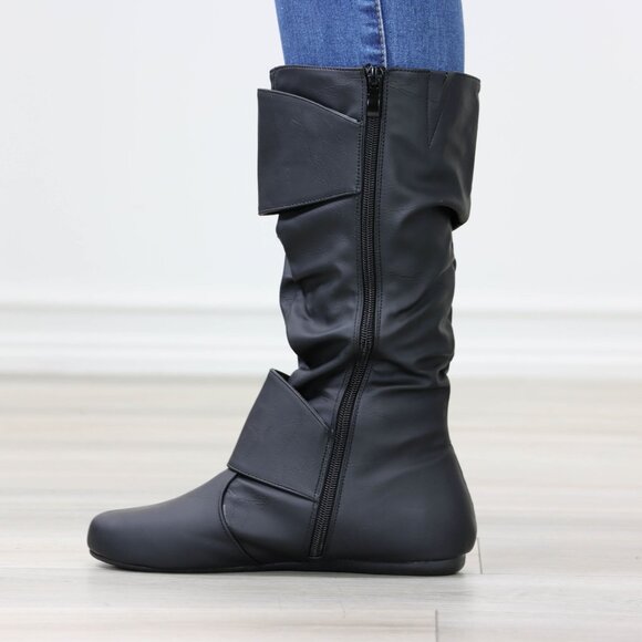 Black Mid-Calf Boots Slouch Shaft Faux Leather Side Zip Flat Sole - Picture 6 of 14